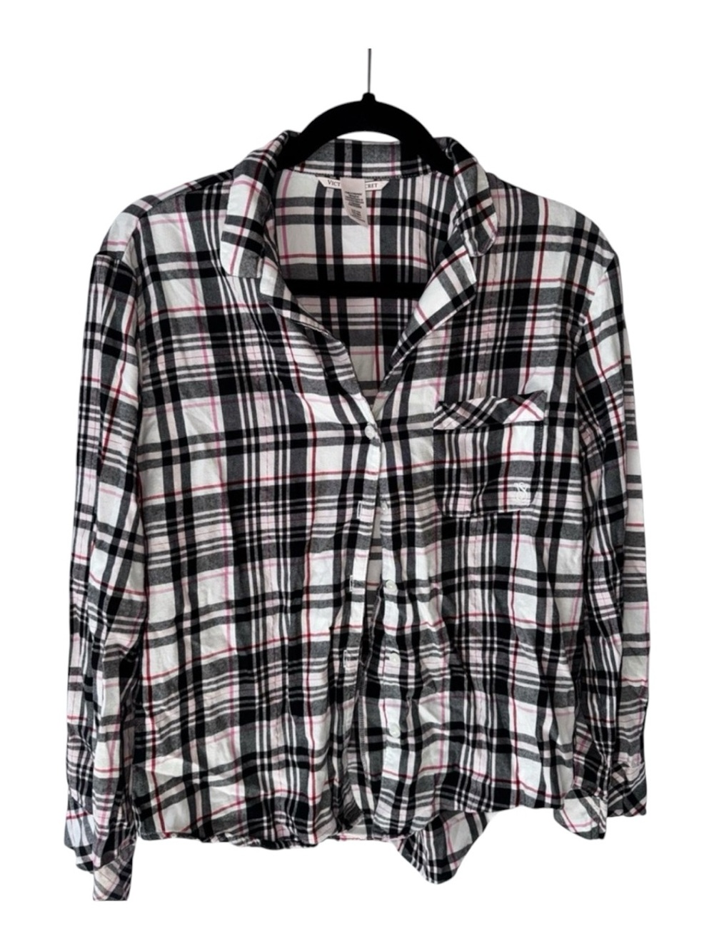 Victoria's Secret Black, White & Pink Plaid Button-Up Cotyon Blend pajama Shirt